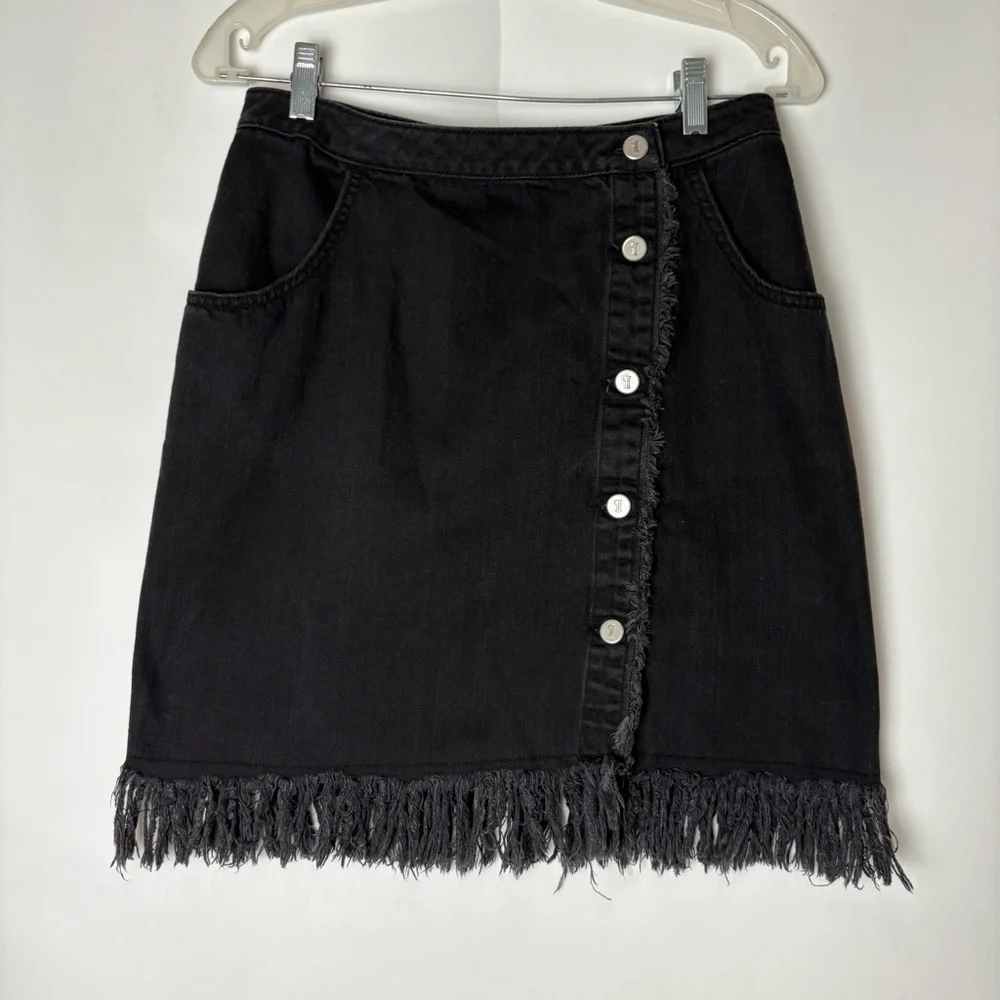 Anthropologie Pilcro Black Denim Fringe Button Up Skirt